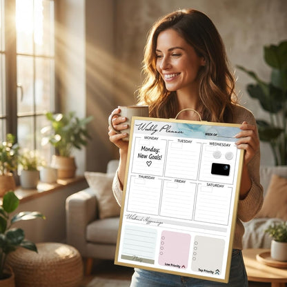 Black Magnetic Dry Erase Whiteboard 12 x 16 Double Sided, Portable Planner Board with Weekly Monthly Sheets, Write and Wipe to Do List Board, Includes 3 Markers Eraser 2 Magnets