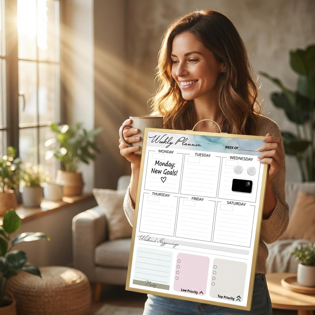 Magnetic Dry Erase Board 12x16 with Foldable Stand, Portable Gold Desktop Whiteboard for Home, Office, School & Kitchen, Includes Weekly & Monthly Magnetic Planner Sheets