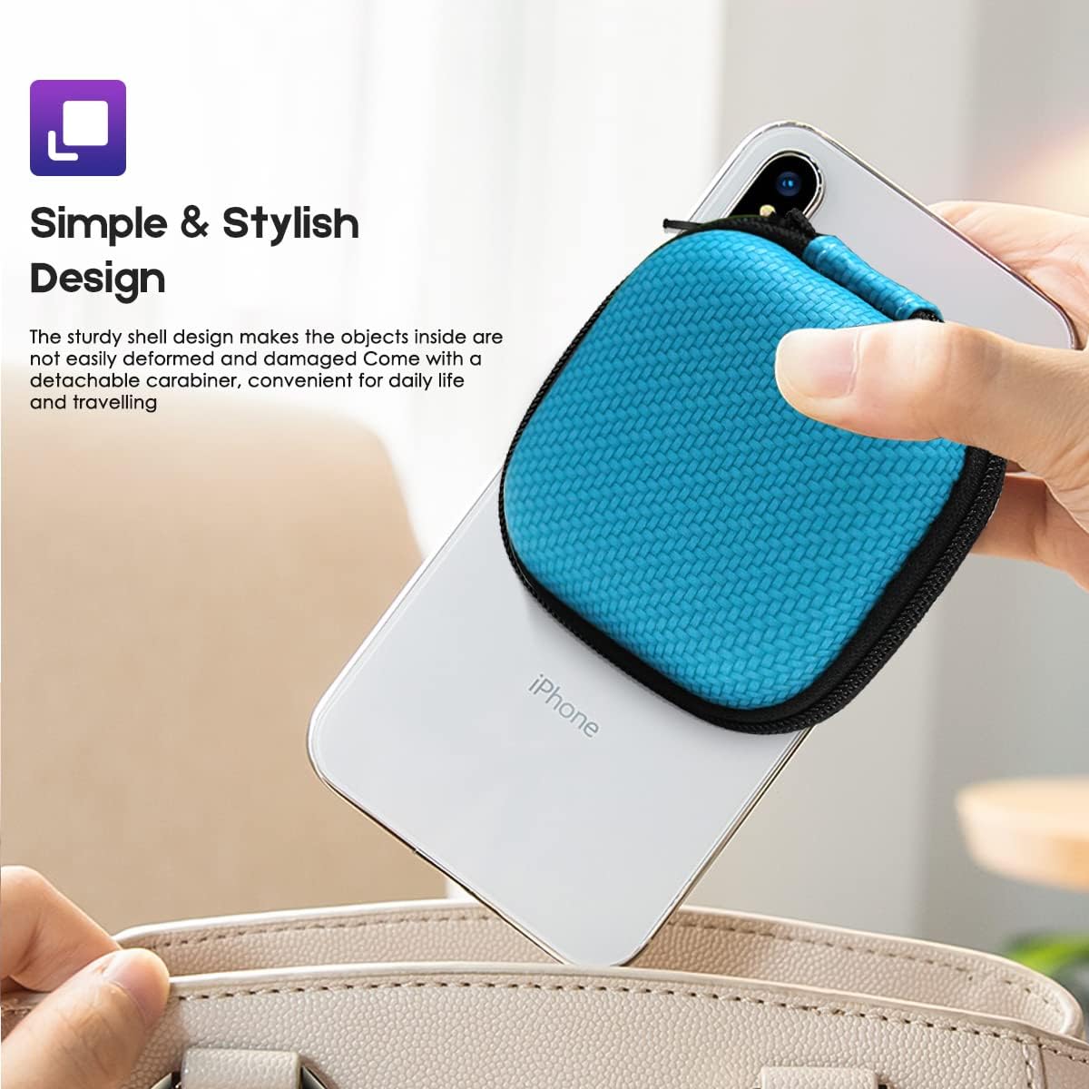 Earbud Case Hard EVA Earphone Carrying Case Cell Phone Accessories Storage Bag with Carabiner for Airpods Headset Earphone Flash Drive Charging Cable Key Wall Charger USB Adapter Cable (Black 1Pack)