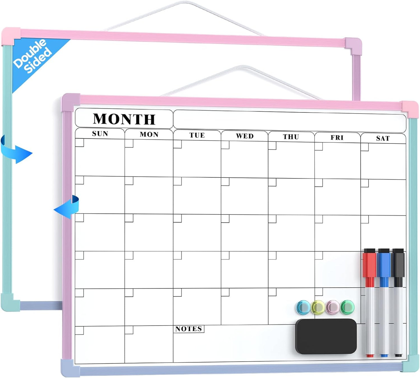 MaxGear Monthly Calendar Dry Erase Board for Wall, 16"x12" Small Hanging Double-Sided White Board, Portable Whiteboard for Planning, Drawing, Memo, to Do List, School, Home, Kitchen, Office