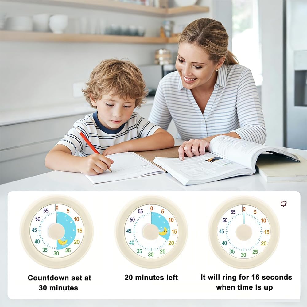 Visual Timer for Children & Adults, 60 Minutes Countdown Timer for Children, Quiet Time Management Tool, Time Management Tool for Children's Desk, Office Table and Meetings (White Moon)