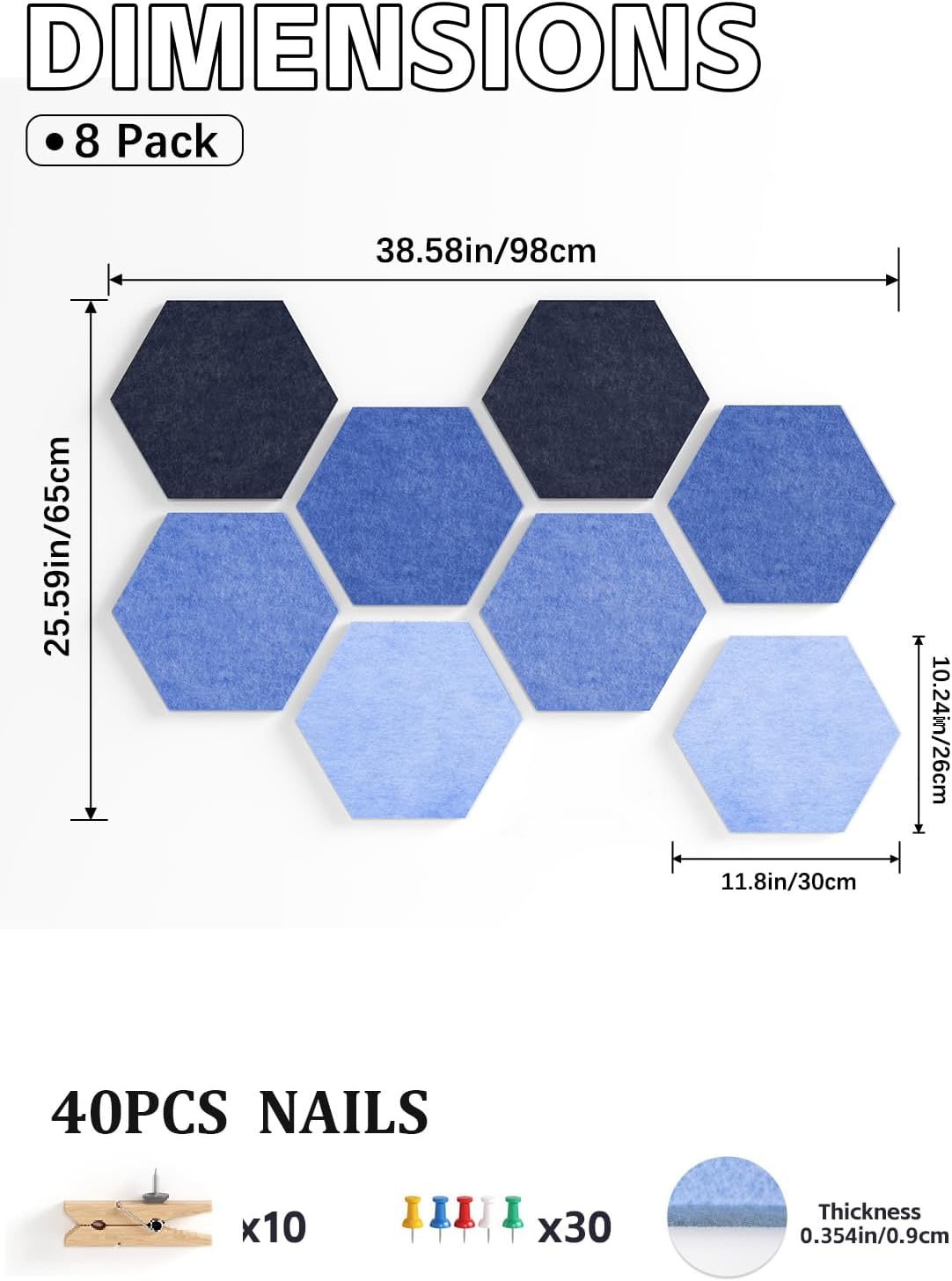 8 Pack Hexagon Felt Bulletin Board Tiles - 12" Large Thick Pin Board for Walls with 30 Push Pins, DIY Boards for Office Home School Decor, Aesthetic Hex Cork Board Alternative
