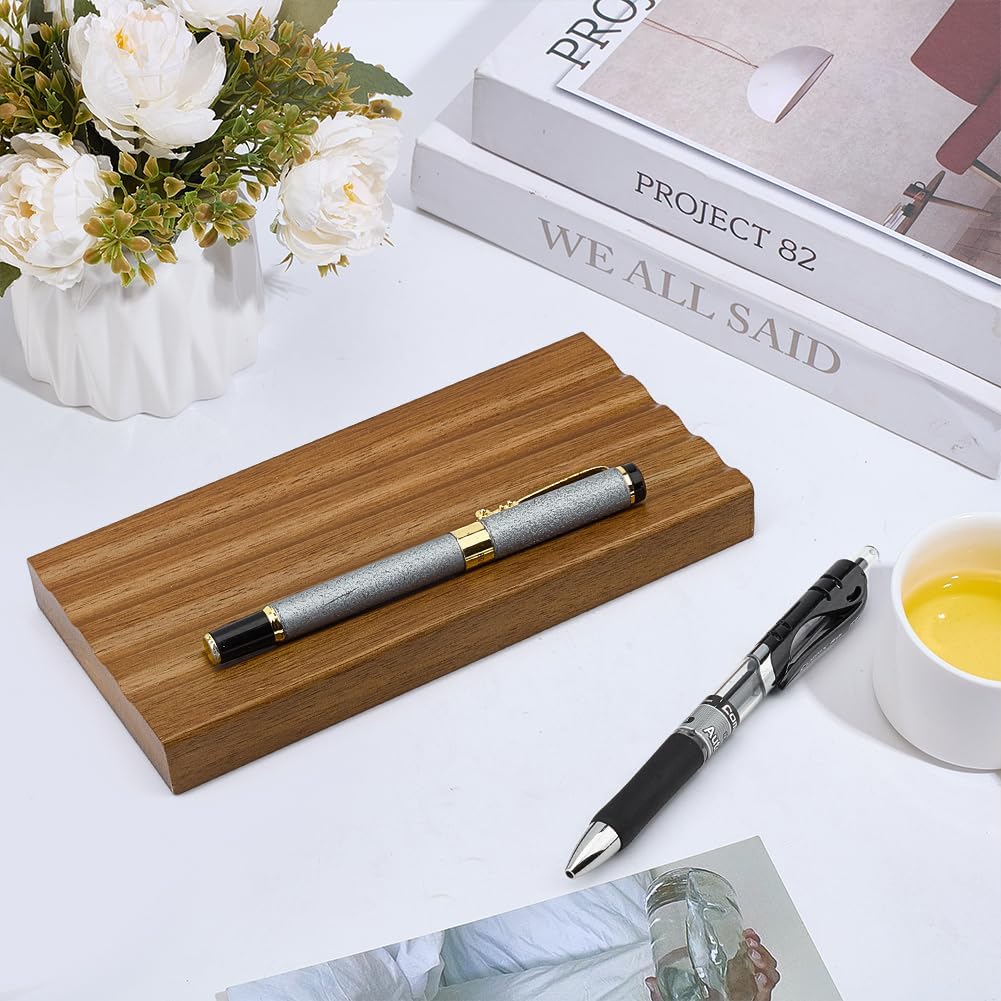 MAYJOYDIY Wooden Desk Pen Pencil Tray 4 Fountain Pen Holder Minimalist Valet Tray Pencil Case Organizer Suitable for School, Home, Office Desktop Office Art Accessories (Coconut Brown)