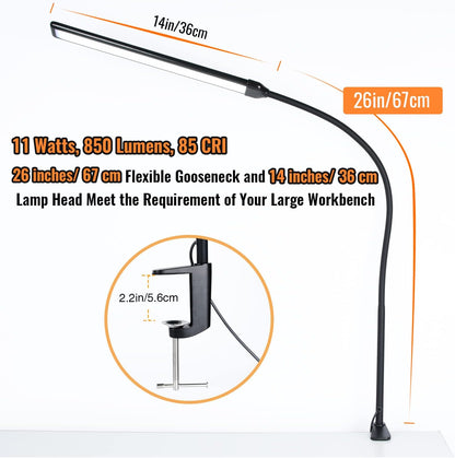 LED Desk Lamp with Clamp, Clamp Light, Tall Desk Lamp with Long Gooseneck, 11W, 850 LMS, 3 Color Modes, 10 Brightness Levels, Eye-Caring, Clip on Desk Light for Reading, Home, Office