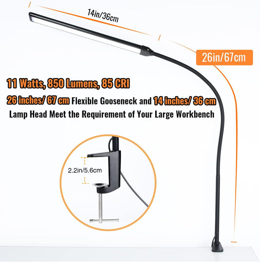 LED Desk Lamp with Clamp, Clamp Light, Tall Desk Lamp with Long Gooseneck, 11W, 850 LMS, 3 Color Modes, 10 Brightness Levels, Eye-Caring, Clip on Desk Light for Reading, Home, Office