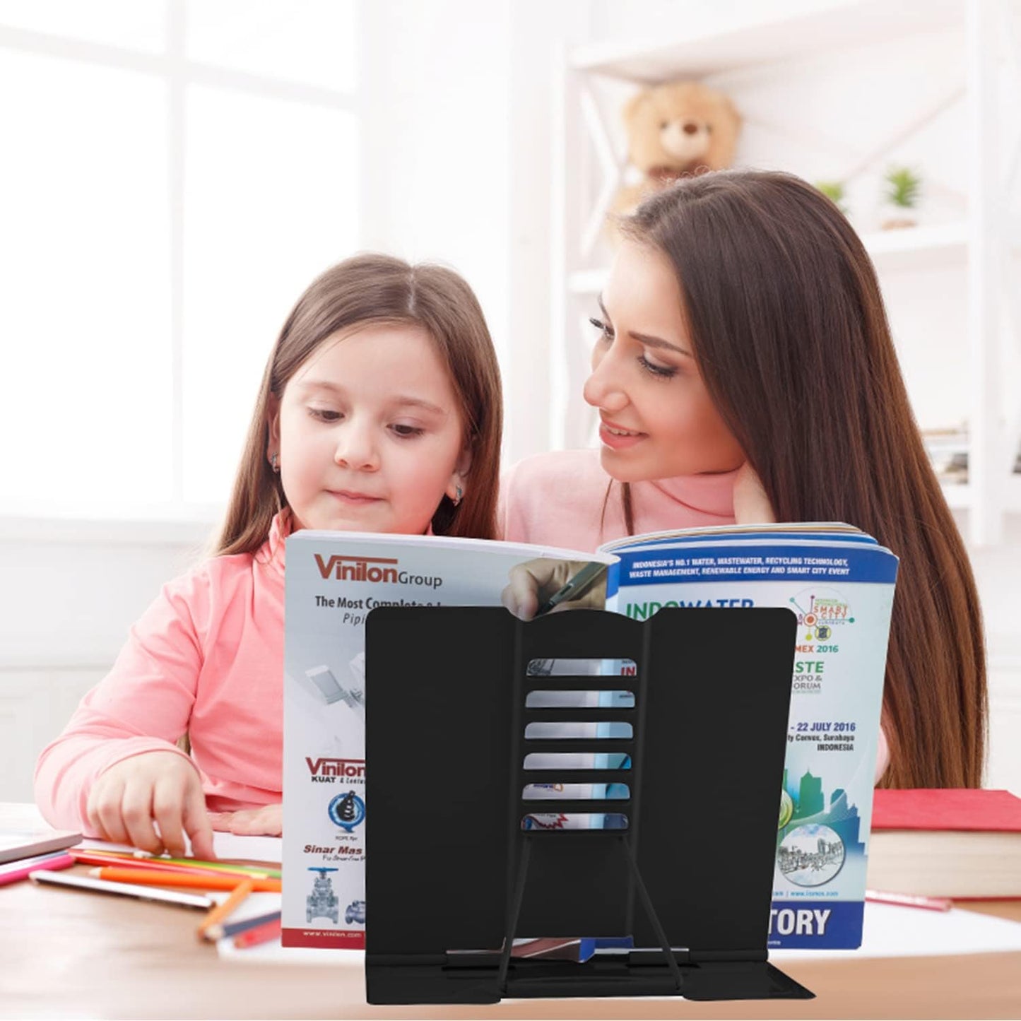 Honagu Book Stand Metal Desk Book Holder, Book Holders for Reading Hands Free, Adjustable Cookbook Documents Holder, Portable Bookstand for Music Books, Textbook, Recipe, Tablet, Ipad (Black)