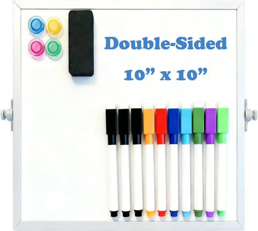 Small Desk Dry Erase Board with Stand, 10" x 10" Magnetic Double-Sided Desktop Whiteboard, 10 Markers, 4 Magnets & 1 Eraser, Portable Mini Whiteboard for Office, Kitchen, Home, School