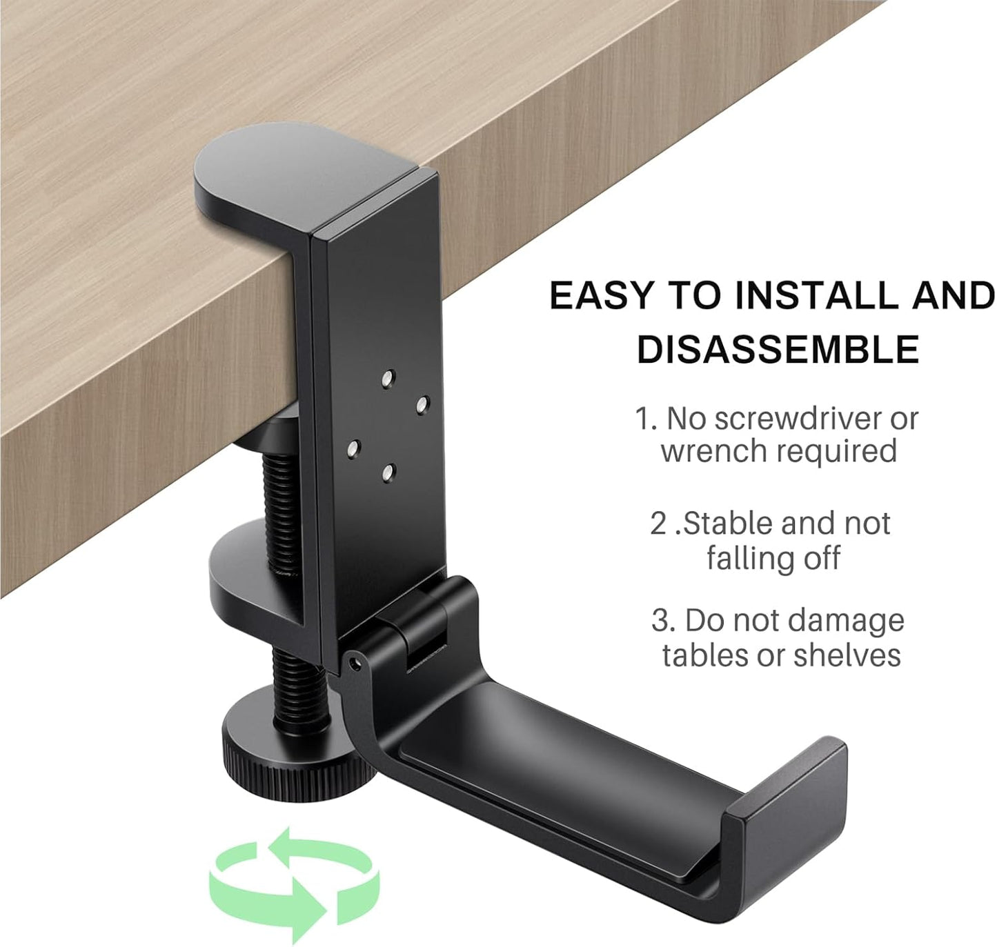 All Aluminum Foldable Headphone Holder for Desk, Headset Stand for Desk,Backpack Holder Hook for Desk,Table Bag Hook,Under Desk Clamp Hook for Gaming PC Accessories,Black