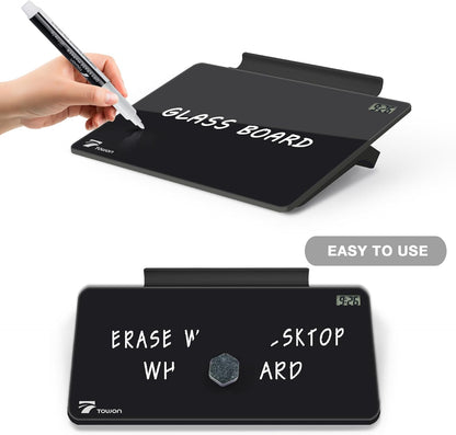 TOWON Small Glass Dry Erase Board, Desk White Board with Standing, Mini Whiteboard Easel Pad Set, Stenography Artifact for Office, Home and School Supplies, 8x6 Inches, Black