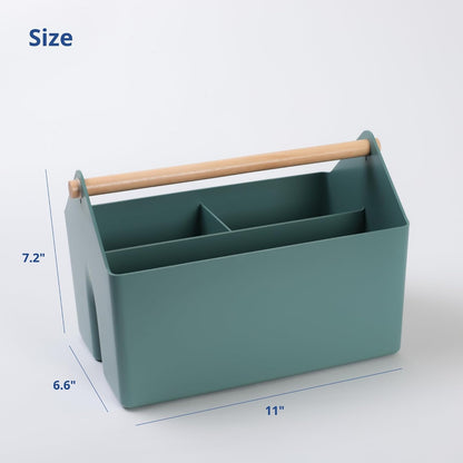 BLUE GINKGO Medium Storage Basket – Plastic Caddy with Wooden Handle for Office, Arts & Crafts, or Home Supplies (Gray)