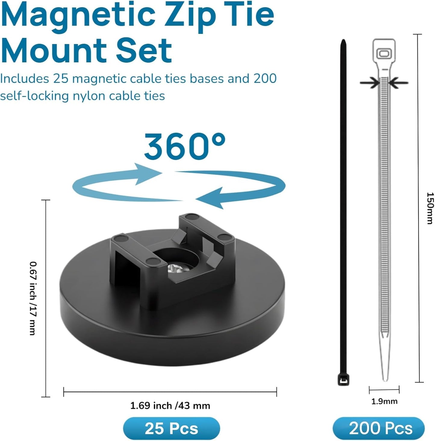 225 Pieces Magnetic Cable Ties Set, 25 Magnetic Zip Tie Mounts with 200 Cable Ties, Strong Wire Holder Cables Management, Multipurpose Electrical Cord Holders Organizer (22mm)