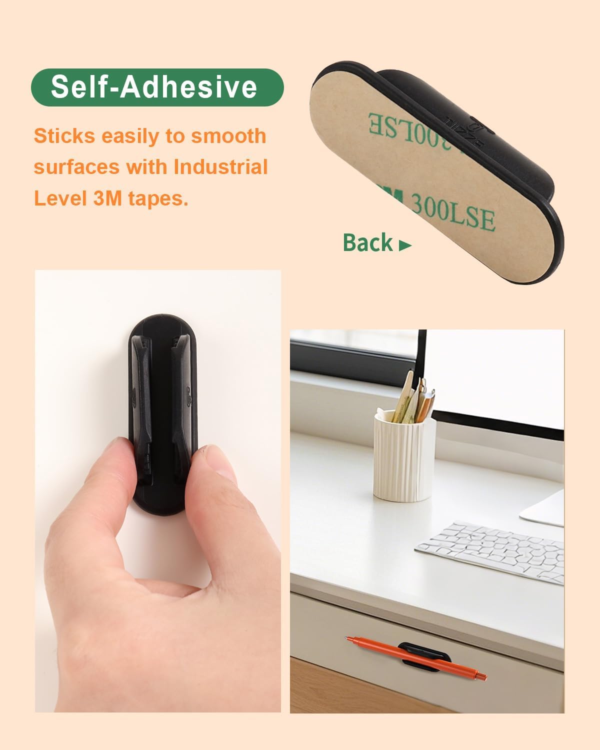 Tiizze 10 Pack Adhesive Pencil Holder for Desk, Silicone Pen Holder for Wall, Clipboard & Laptop with 15 Upgraded Sticky Pads, Rugged Grip Pencil Holders for Classroom Teacher Essentials (Black)