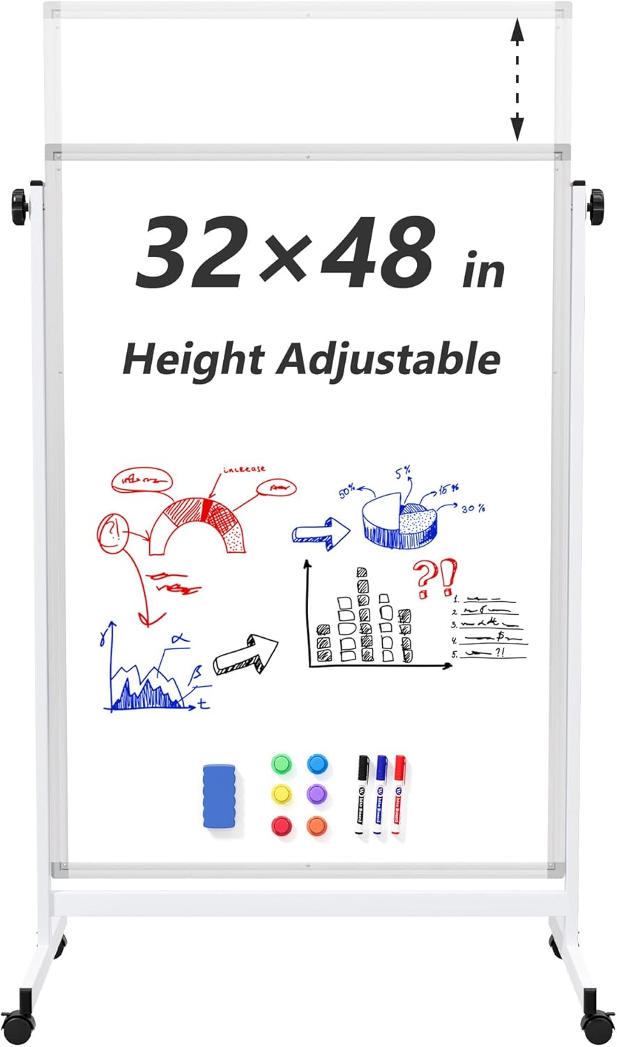 Large Whiteboard Easel with Stand, 36" x 24" Portable Standing Magnetic Dry Erase White Board, 3' x 2' Tripod Height Adjustable Flip Chart Easel for Home Office Classroom School, Silver