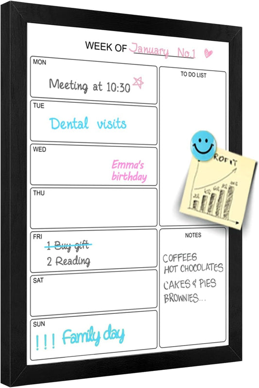 Weekly Dry Erase Whiteboard Calendar, 15.7"x11.8" Magnetic Surface Memo Board, Minimal Design Weekly Planner for Wall, Black Wood Frame Dry Erase Board for Office School Home(ZLBB-S-BK-3040)