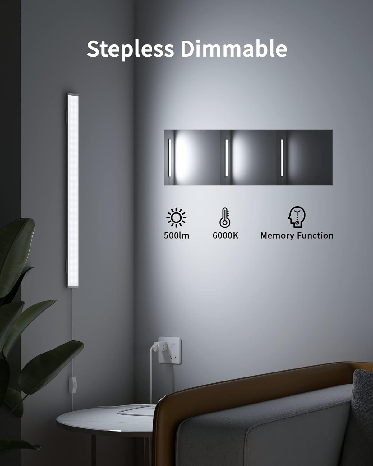 ASOKO Under Cabinet Led Lighting, 12 Inch Light Strip Bar, Daylight White 5000K Dimmable Plug in USB Light, Small Thin Led Under Counter Lighting for Kitchen/Room/Shelf/Desk/Display Case