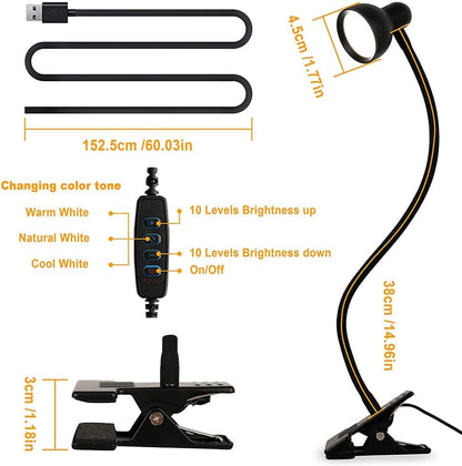 LiFMIRA Clip-on Reading Light - 3 Color Modes, 10 Dimmable Brightness, Eye Care Clamp Desk Lamp with Flexible Gooseneck for Reading in Bed, Desk, Headboard, Computer