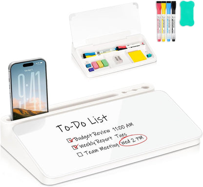WALGLASS Small Desktop Whiteboard with Storage, Glass Desk Dry Erase White Board Computer Keyboard Stand with Drawer, Desk Organizers with Accessories for Office, Home, School Supplies White
