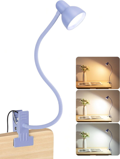 Clip on Lamp USB Reading Light, 3 Color Modes, 10 Brightness Dimmable, 360° Flexible Desk Lamp with Clamp, Eye Care Clip on Light for Bed Desk Headboard Home Dorm White