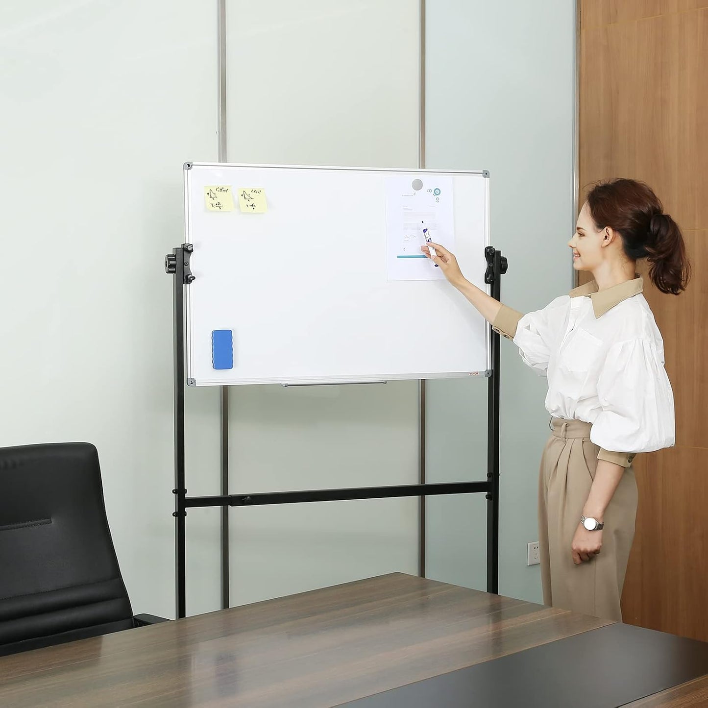 VEVOR Magnetic Glass Whiteboard, Dry Erase Board 36"x24", Wall-Mounted Large White Glassboard Frameless, with Marker Tray, an Eraser and 2 Markers, Black