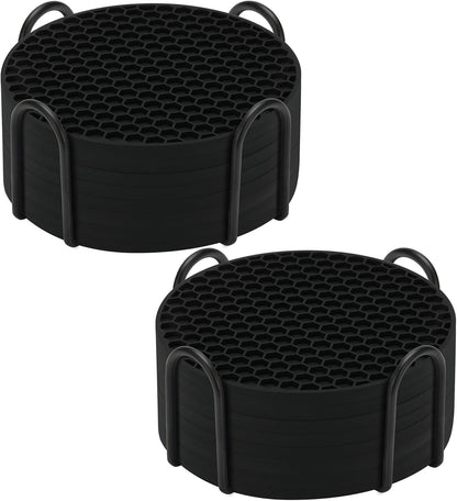 TWTLi Silicone Coasters Set of 8 with Holder,Coasters for Drinks,Beer,Coffee Coasters,Suitable for Kinds Cups,Hot or Cold,Anti-SLI,Non-Stick,Anti-Overflow Tabletop Protection and Decor (8 Pcs, Black)