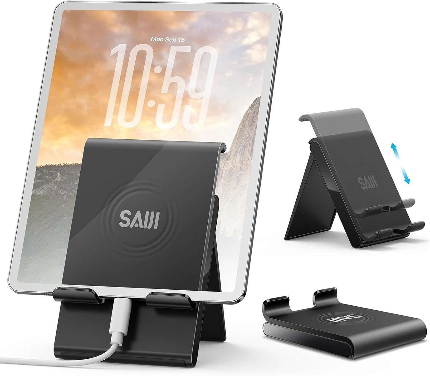 SAIJI Adjustable Tablet Stand Holder Portable Foldable Desktop Stand Dock Compatible for iPad, iPhone, Nintendo Switch, Samsung Galaxy and Kindle Fire Tablets – Gray