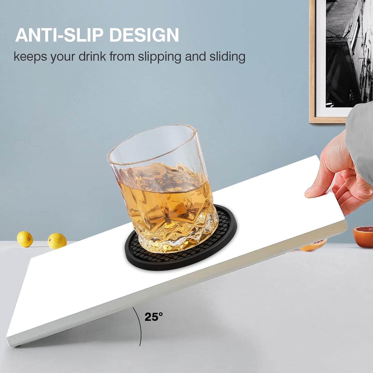 2 Pack Silicone Coasters for Drinks, Round Black Coaster with Deep Tray Grooved Design Cup Mat, Washable Heat Resistant Durable Non-Slip Coasters for Coffee Table Wooden Desk Kitchen Bar