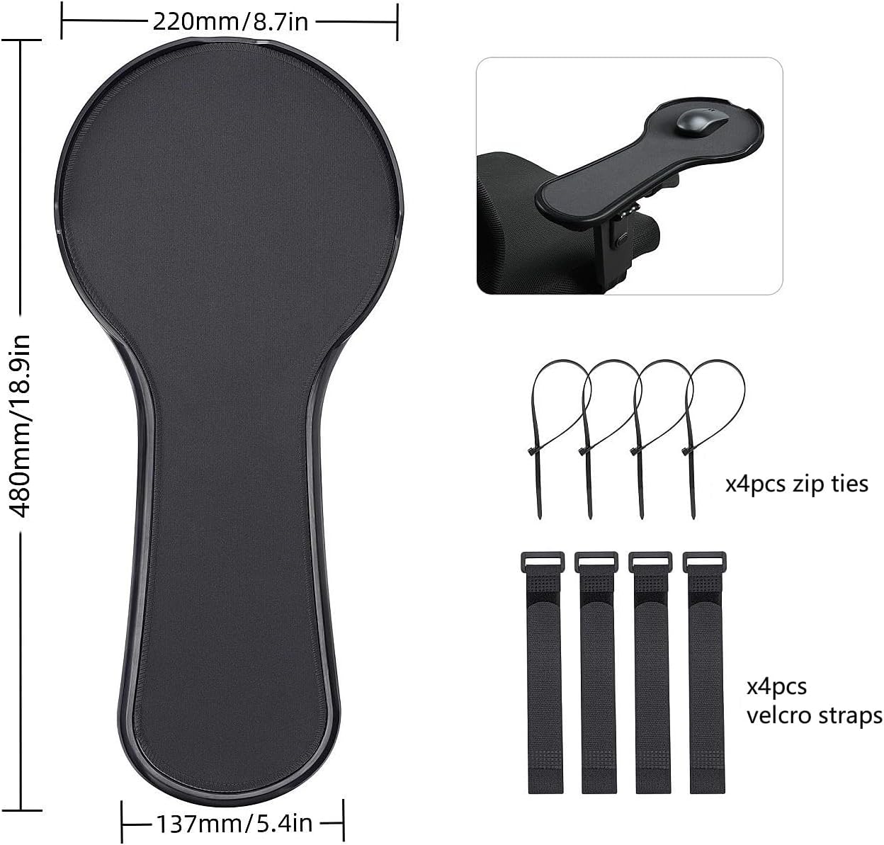 Ergonomic Adjustable Arm Rest Mouse pad for Chair, Mouse Extension Platform Tray with Mouse Baffle to Prevent Falling, Attaches to Chair, Black (Black（YYLL8326）)