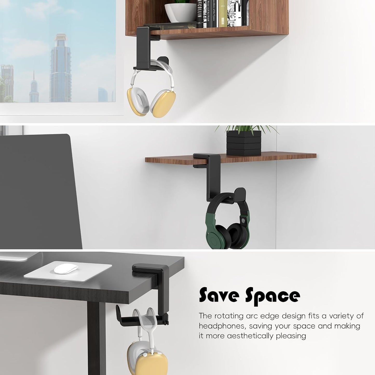 Rotating Headphone Hook - Under Desk Headphone Holder with 360-Degree Adjustable Rotation&Cable Clip Organizer - Black