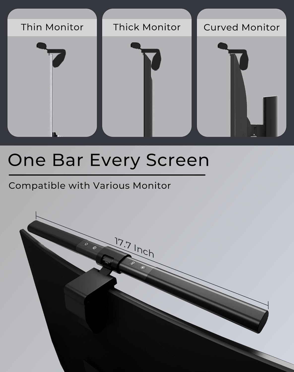 RGB Monitor Light Bar with Wireless Remote, Dual-Source Gaming Computer Lamp for Curved & Flat Monitors (0.39"-1.18"), Ambient Backlight, Stepless Dimming (Ra95), No Glare Desk Setup
