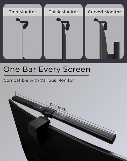 RGB Monitor Light Bar with Wireless Remote, Dual-Source Gaming Computer Lamp for Curved & Flat Monitors (0.39"-1.18"), Ambient Backlight, Stepless Dimming (Ra95), No Glare Desk Setup