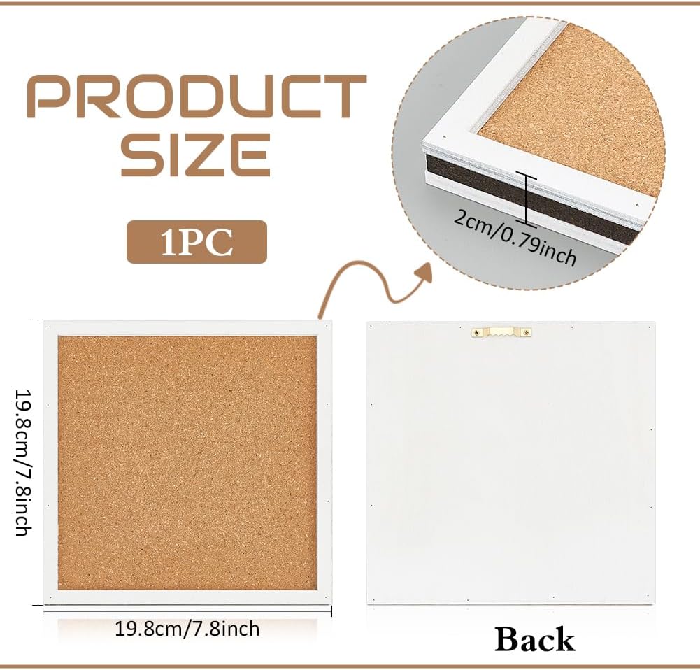 BENECREAT Pin Board Square Cork Board, 0.8inch Thick Bulletin Display Board Wall Mounted Cork Board for Brooch Pin Storage, Office Home Festival Wedding Decor, 7.8x7.8inch