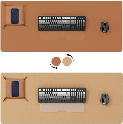 DAWNTREES Dual Sided Desk Mat,Leather Desk Pad,Brown 40"x16",Cork Desk Mat Protector,with PU Leather Valet Tray Organizer,Large Mouse Pad,Desk Writing Pad for Office and Home