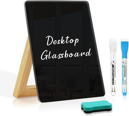Desktop Glass Dry Erase Board, Small Glass Whiteboard with Adjustable Wood Stand - Reusable Desk Notepad 11" x 8.2" for Home Office