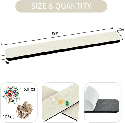 Vuzvuv 8 pcs Bulletin Board Bar Strips with 50 Pushpins & 10 Wooden Clip pins，Self Adhesive Cork Board for Wall，Felt Pin Board for School，Office Decor（Black White Grey）