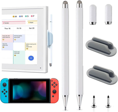 2Pcs Stylus and Mount for Skylight Calendars 15/27 Inch/Nintendo Switch 2/Switch Lite, 2in1 Dual Tip Pen for Skylight Calendar Accessories Magnetic Suction Pen Cap (2*Stylus+Holder White)