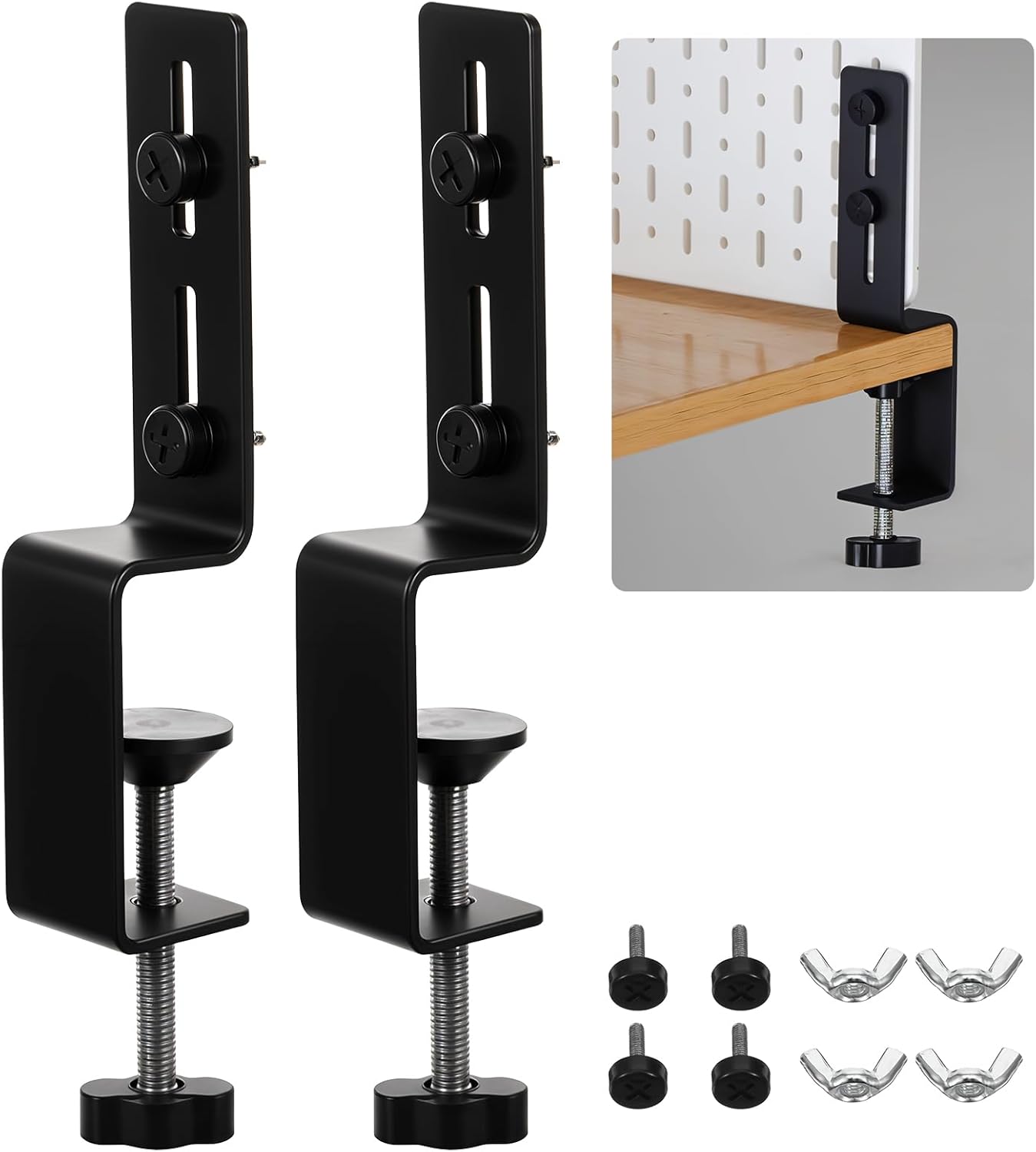 2 Pcs Desk Clamps, Pegboard Desk Clamp, Pegboard Mounting Brackets Desktop Fixing Brackets, Office Game Home Desktop Accessories Bracket, Pegboards Organizer Metal Bracket (Black)