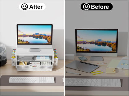 gianotter Monitor Stand Riser, Office Desk Shelf Organizer, Desk Organizer with Drawer and Pen Holder, 2-Tier Computer Stand, Office Organization (Ink)