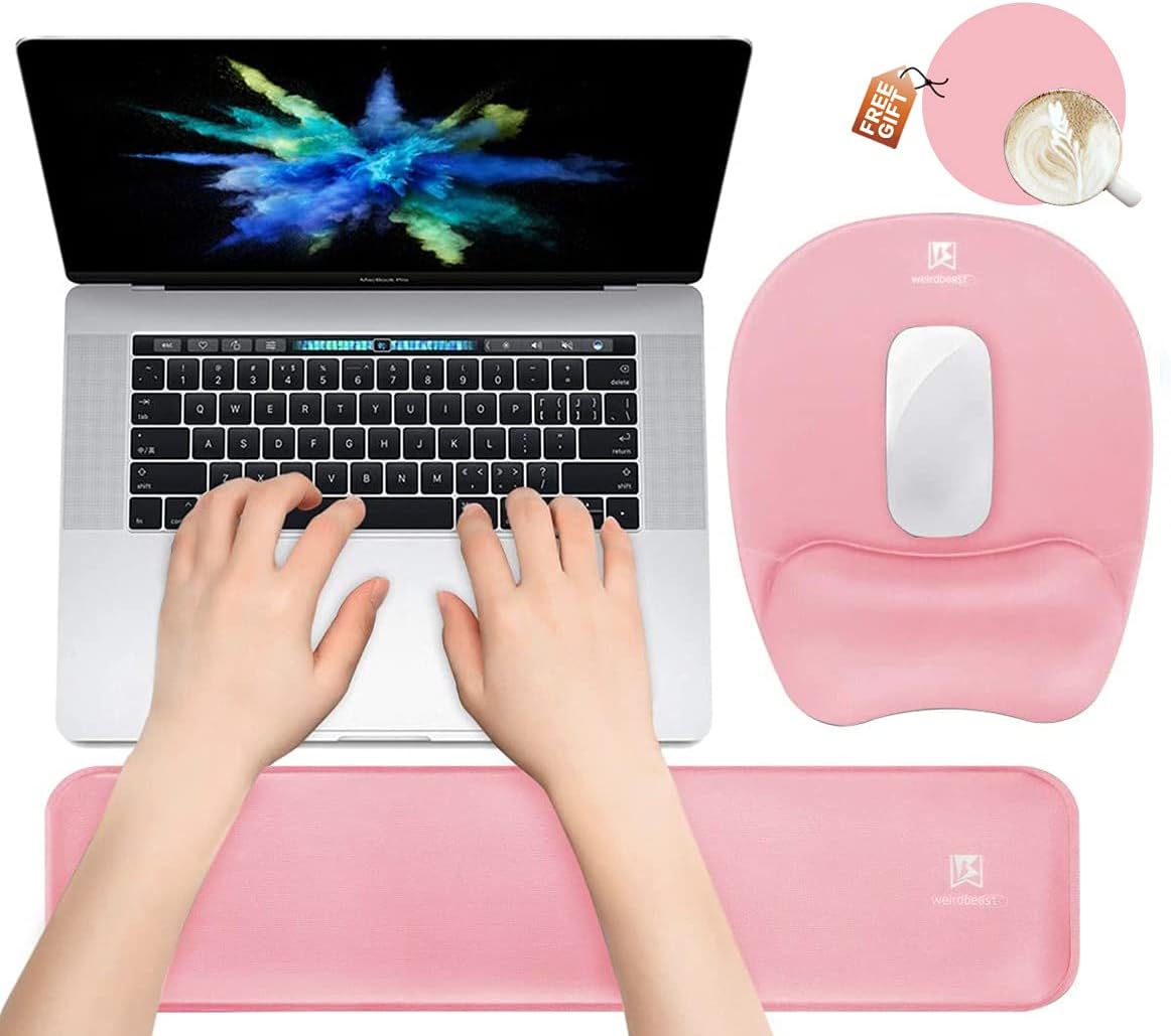 WB WEIRDBEAST Keyboard Wrist Rest Large Mouse Pad Wrist Support for Computer, 4 in 1 Memory Foam Keyboard Pad Desk Mat Ergonomic Hand Rest Wrist Cushion for Home Office Gaming-Pink