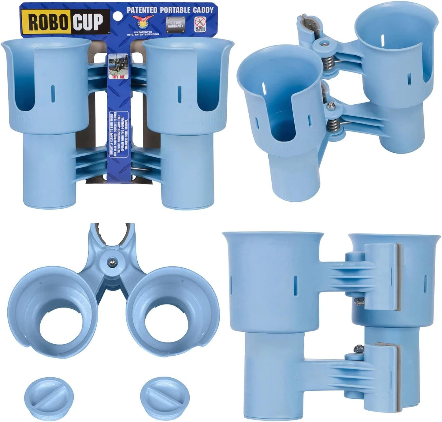 ROBOCUP, (White), Patented Clamp On Boat Cup Holder |Multifunction Dual Drink Caddy for Fishing Poles, Tools, Net, Gaff |Portable Storage for Boating, Beach, Umbrellas, Golf Carts, Strollers