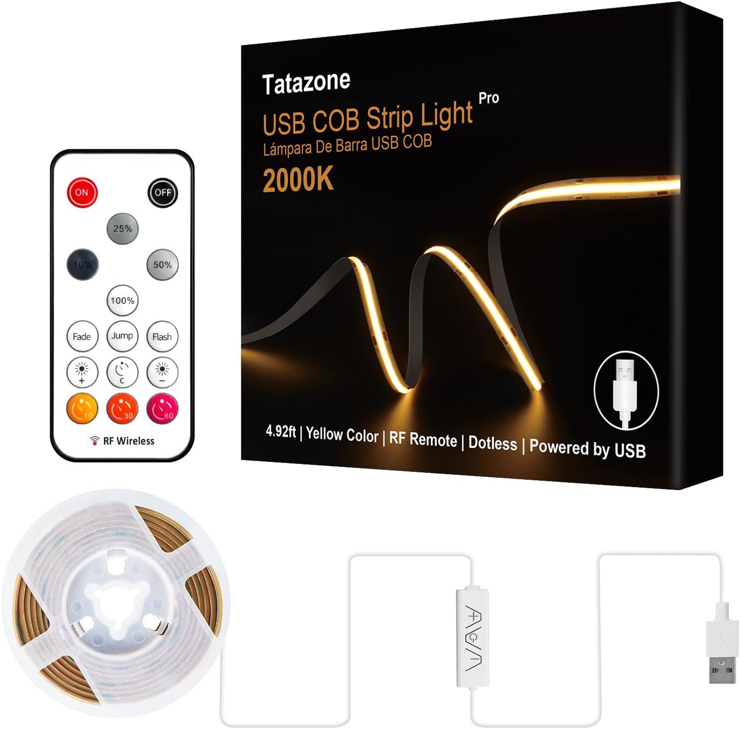Tatazone 5V USB COB Led Strip Light with RF Remote, 4.92ft 6500K CRI93+ USB Powered COB Led Light Strip, Dimmable Indoor COB Led Light for Cabinet, TV, Camping, Monitor, Showcase, Motorhome