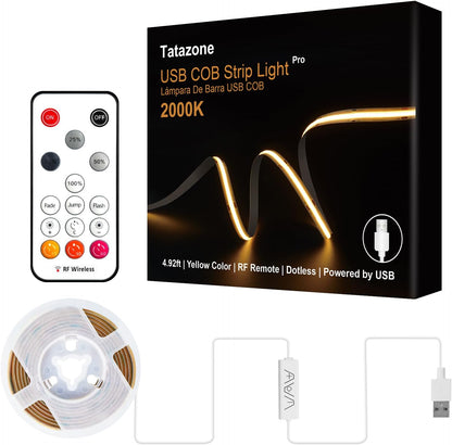 Tatazone 5V USB COB Led Strip Light with RF Remote, 4.92ft 6500K CRI93+ USB Powered COB Led Light Strip, Dimmable Indoor COB Led Light for Cabinet, TV, Camping, Monitor, Showcase, Motorhome