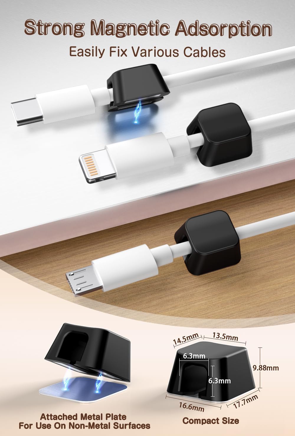 Maveek Magnetic Cord Clips, Cable Holder Magnet Silicone Cord Organizer Keyboard Keys Square Cable Management for Charging USB C Ethernet HDMI Home Office Car TV Cables (5 Pack, Black)