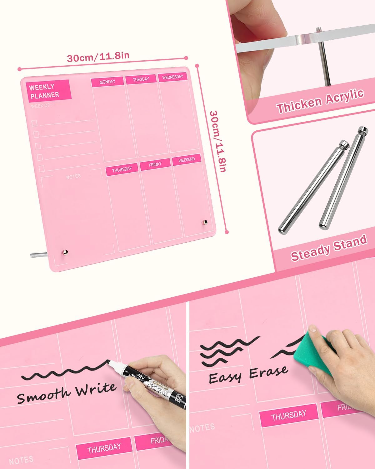 Desktop Thickened Acrylic Dry Erase Board, Weekly White Board with to Do List, Tabletop Whiteboard with Stand, Frameless Dry Erase Pink White Board，9.5"x6.7" for Office, Home, School(Desktop-PK-1724)