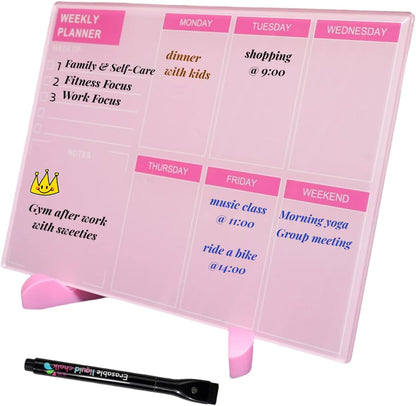 Desktop Thickened Acrylic Dry Erase Board, Weekly White Board with to Do List, Tabletop Whiteboard with Stand, Frameless Dry Erase Pink White Board，9.5"x6.7" for Office, Home, School(Desktop-PK-1724)