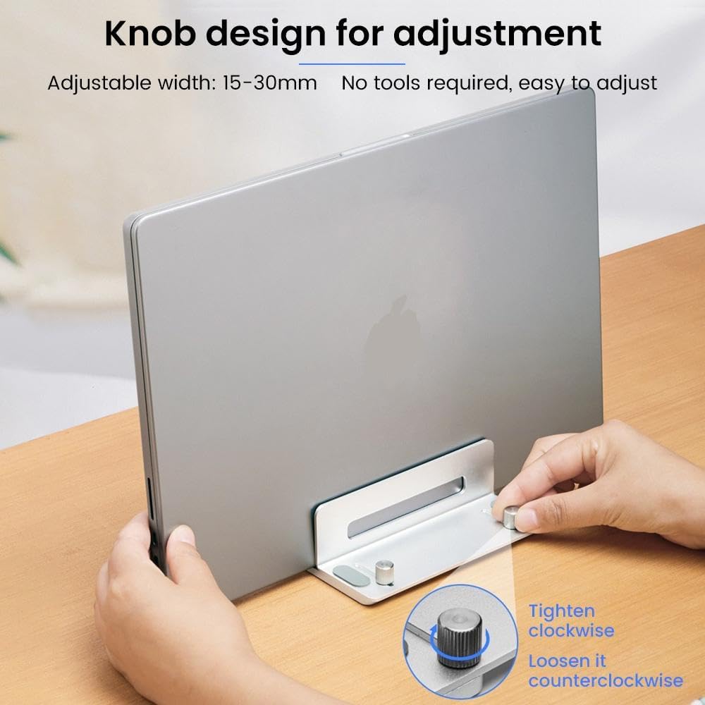 HomeBeyond Aluminum Vertical Laptop Stand for Desk, Adjustable Dual Slot Holder(up to 1.73 inches), Compatible with MacBook Pro, MacBook Air and Other Laptop - Save Space & Improve Airflow, Silver