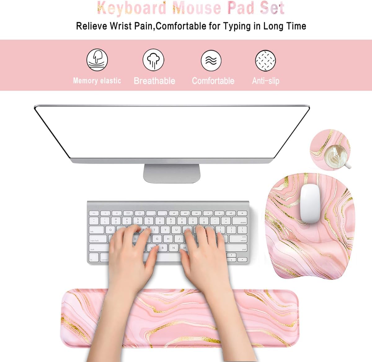WB WEIRDBEAST Keyboard Wrist Rest Large Mouse Pad Wrist Support for Computer, 4 in 1 Memory Foam Keyboard Pad Desk Mat Ergonomic Hand Rest Wrist Cushion for Home Office Gaming-Pink