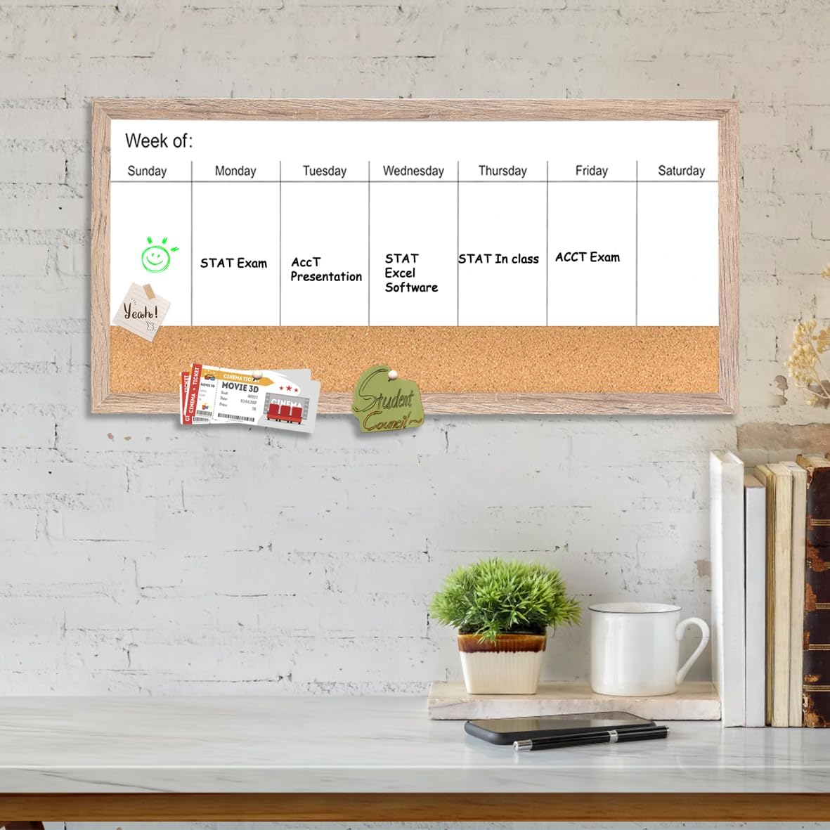 Magnetic Weekly Dry Erase White Board and Cork Board, Black Wood Frame，Magnetic Surface Whiteboard for Home Office and Wall Decor(ZHZL-2040BK)