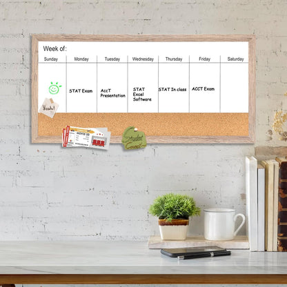 Magnetic Weekly Dry Erase White Board and Cork Board, Black Wood Frame，Magnetic Surface Whiteboard for Home Office and Wall Decor(ZHZL-2040BK)