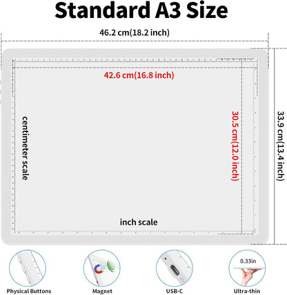 Phylosal Rechargeable A3 LED Light Pad for Diamond Painting, Ultra-Thin Magnetic Tracing Light Box for Drawing, Diamond Art Light Board with Side Button, Super Bright Light Table for Sketching (White)