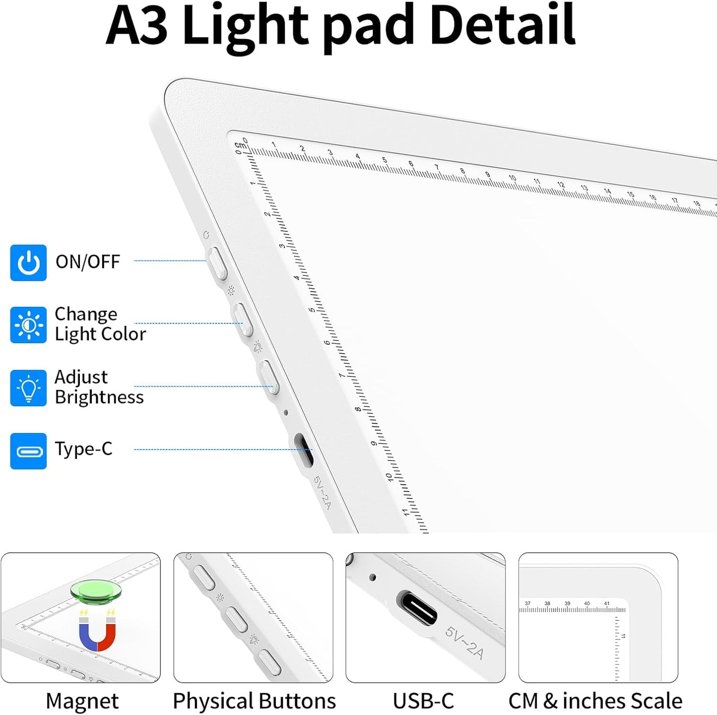 TOHETO A4 Light Board for Diamond Painting, Super Bright Magnetic Light Pad with Side Buttons, Lightbox for Tracing and Drawing, Corded Light Table for Sketching, Animation, Weeding Vinyl (Black)